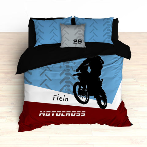 Personalized Motocross Comforter or Duvet, Dirt Bike, Freestyle, Blue and Maroon - 2cooldesigns