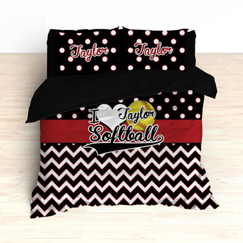Personalized Softball Theme Bedding, Duvet or Comforter Sets, Red and Black Chevron - 2cooldesigns