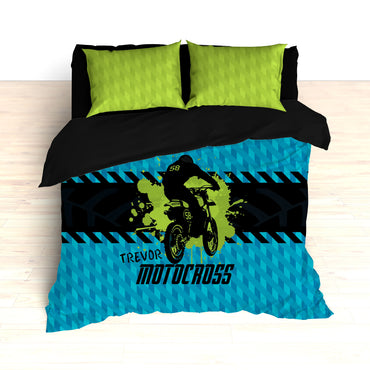 Kids Motocross Bedding, Blue, Teal, Green, Black, Dirt Bike Racing - 2cooldesigns
