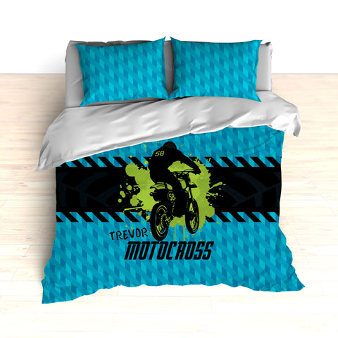 Kids Motocross Bedding, Blue, Teal, Green, Black, Dirt Bike Racing - 2cooldesigns