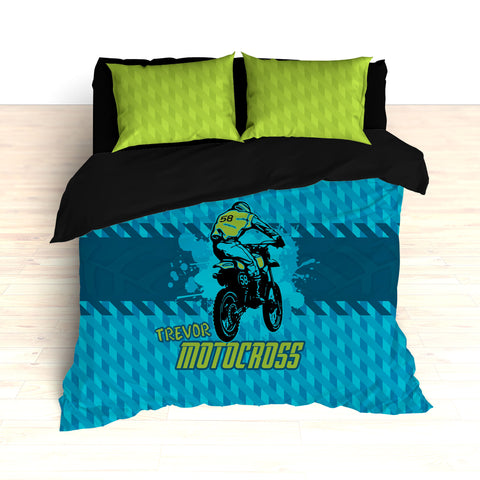 Dirt Bike Motocross Bedding, Blue, Teal and Green, Personalized - 2cooldesigns