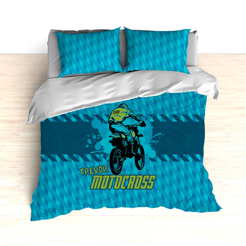 Dirt Bike Motocross Bedding, Blue, Teal and Green, Personalized - 2cooldesigns