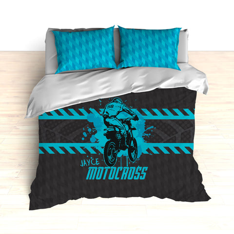 Motocross Bedding, Blue, Gray, Black, Personalized Comforter or Duvet - 2cooldesigns