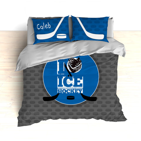 Personalized Hockey Bedding, Blue and Gray, Custom Duvet or Comforter Sets for Hockey Themed Bedroom - 2cooldesigns