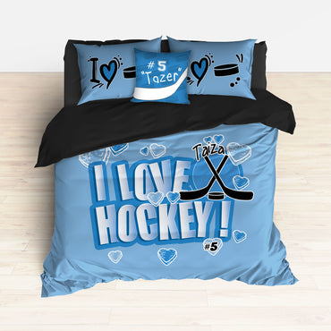 Personalized Hockey Bedding, Duvet or Comforter Sets, Hockey Themed Bedroom Baby Blue - 2cooldesigns