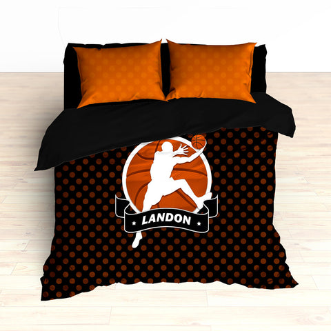Personalized Basketball Bedding, Black and Orange Basketball Dots, Custom Duvet or Comforter Set - 2cooldesigns