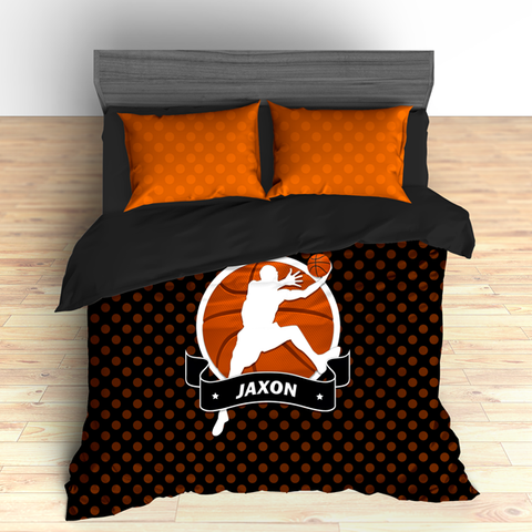 Personalized Basketball Bedding, Black and Orange Basketball Dots, Custom Duvet or Comforter Set - 2cooldesigns