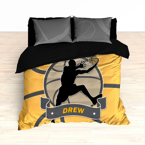 Basketball Stripes Bedding, Basketball Player Silhouette Jumping, Duvet or Comforter Set - 2cooldesigns
