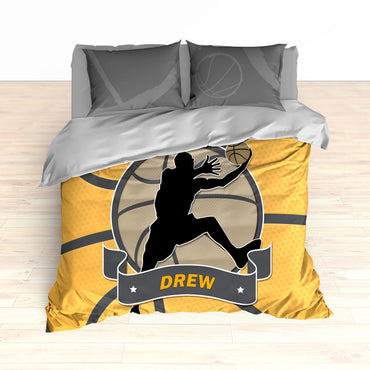 Basketball Stripes Bedding, Basketball Player Silhouette Jumping, Duvet or Comforter Set - 2cooldesigns