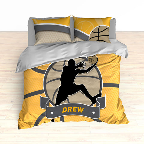 Basketball Stripes Theme Bedding, Basketball Player Silhouette Jumping, Duvet or Comforter Set - 2cooldesigns