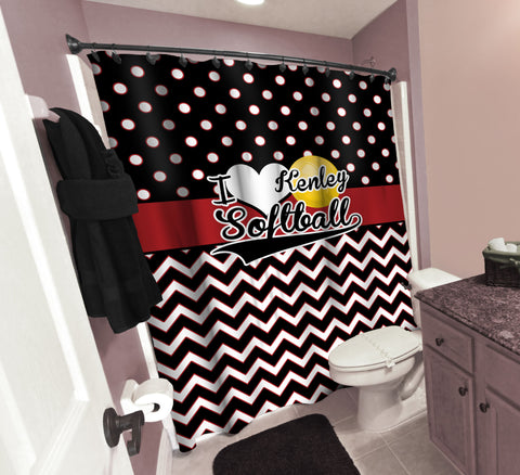 I Love Softball, Red and Black Chevron and Polka Dots Shower Curtain - 2cooldesigns