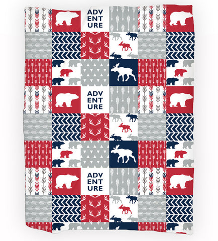 Personalized Fleece Blanket Throw - Adventure Bear Moose Patchwork Throw Blanket - Gift Idea - 2cooldesigns