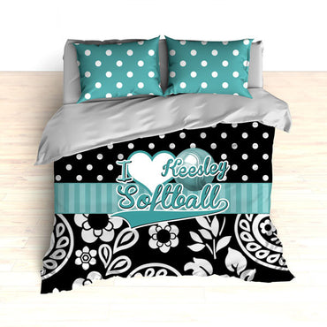 Personalized Floral Softball Bedding, Duvet or Comforter, Teal and Black Floral and Polka Dots - 2cooldesigns