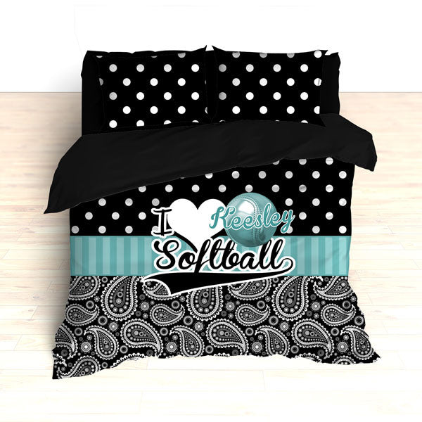 Personalized Paisley Softball Bedding, Duvet or Comforter Sets, Teal and Black Paisley - 2cooldesigns