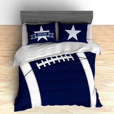 Personalized Football Team Colors Themed Bedding, Duvet or Comforter Sets, Navy Blue and White - 2cooldesigns