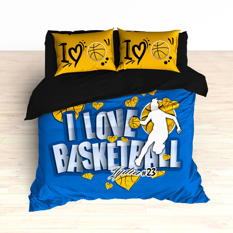 Royal Blue and Gold Basketball Hearts Bedding, Personalized, I Love Basketball, Duvet or Comforter - 2cooldesigns