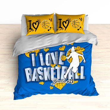 Royal Blue and Gold Basketball Hearts Bedding, Personalized, I Love Basketball, Duvet or Comforter - 2cooldesigns