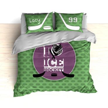 Personalized Hockey Bedding, Green and Purple, Custom Duvet or Comforter Sets for Hockey Themed Bedroom - 2cooldesigns