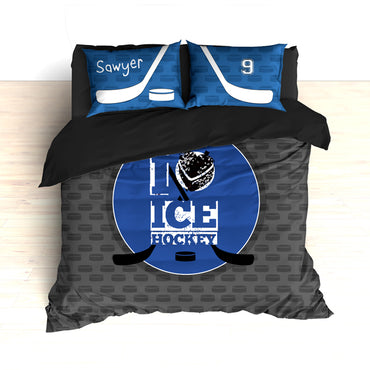 Personalized Hockey Bedding, Blue and Gray, Custom Duvet or Comforter Sets for Hockey Themed Bedroom - 2cooldesigns