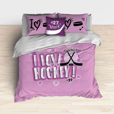 Personalized Hockey Bedding, I Love Hockey, Custom Duvet or Comforter Sets for Hockey Themed Bedroom - 2cooldesigns