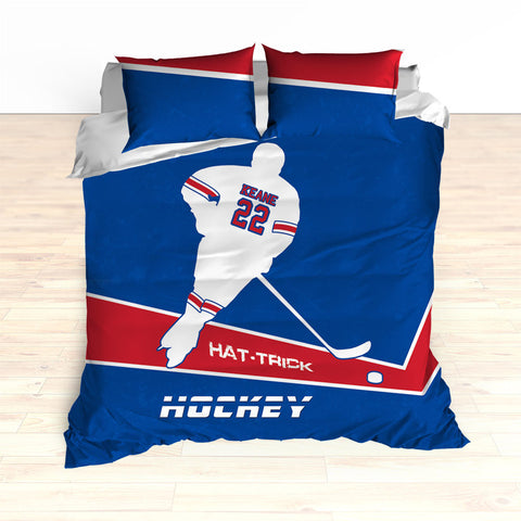 Hockey Bedding, Hat-Trick, Personalized Duvet or Comforter, Custom Hockey Bedding, Caps Bedding, Blue, Red, White, King, Queen, Twin - 2cooldesigns