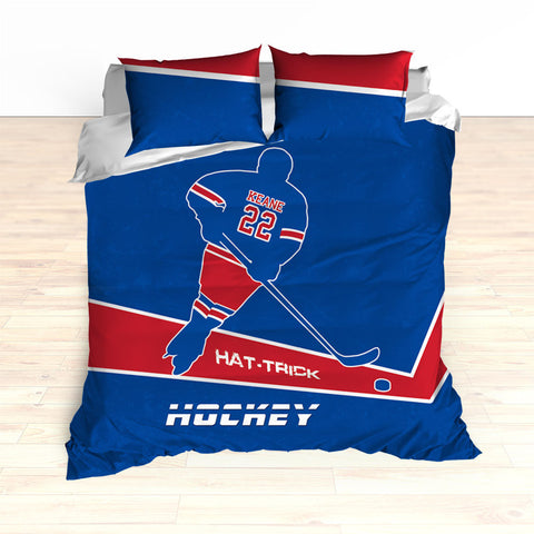 Hockey Bedding, Hat-Trick, Personalized Duvet or Comforter, Custom Hockey Bedding, Caps Bedding, Blue, Red, White, King, Queen, Twin - 2cooldesigns