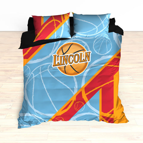 Basketball Stripes Bedding, Basketball Duvet, Basketball Comforter, Personalized, Blue, Red, Orange, Basketball, King, Twin, Queen, Toddler - 2cooldesigns