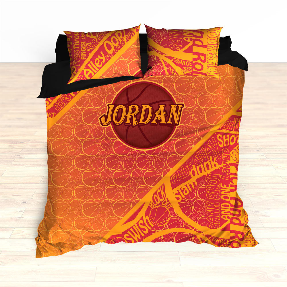 Personalized Basketball Word Art Bedding, Basketball Duvet, Basketball Comforter, Crimson, Yellow, Basketball, King, Twin, Queen, Toddler - 2cooldesigns