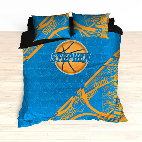 Custom Basketball Word Art Bedding, Basketball Duvet, Basketball Comforter, Blue, Yellow, Basketball, King, Twin, Queen, Personalized - 2cooldesigns