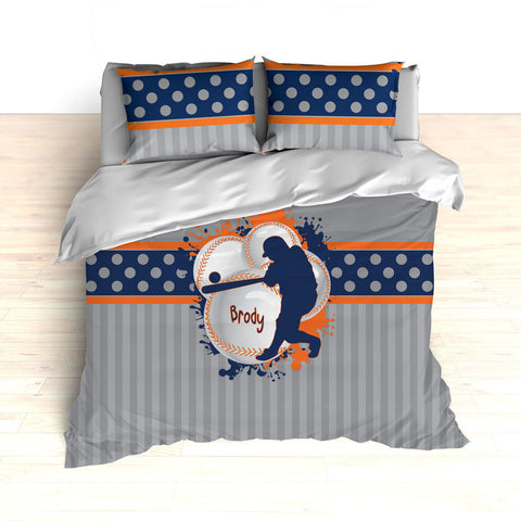 Orange and Navy Baseball Bedding, Personalized Baseball Theme Bedding, Duvet, Comforter, King, Twin, Queen, Toddler, Nursery, Any Team Color - 2cooldesigns