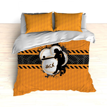 Baseball Bedding, Orange, Grey and Black, Weave Pattern, Splash Paint Design, Personalized, Duvet, Comforter, King, Twin, Queen, Toddler - 2cooldesigns