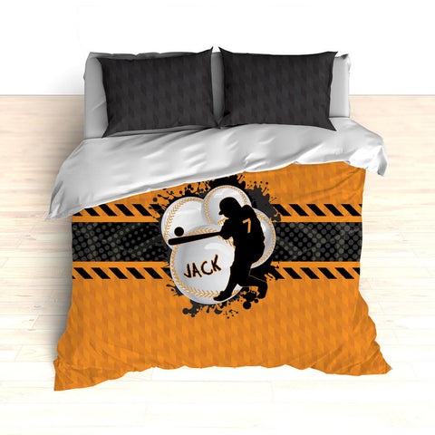 Baseball Bedding, Orange, Grey and Black, Weave Pattern, Splash Paint Design, Personalized, Duvet, Comforter, King, Twin, Queen, Toddler - 2cooldesigns