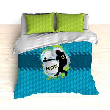 Baseball Bedding, Blue, Teal and Green, Weave Pattern, Splash Paint Design, Personalized, Duvet, Comforter, King, Twin, Queen, Toddler - 2cooldesigns