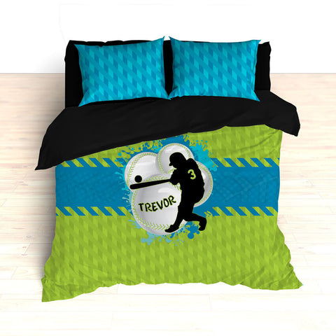 Baseball Bedding, Blue, Teal and Green, Weave Pattern, Splash Paint Design, Personalized, Duvet, Comforter, King, Twin, Queen, Toddler - 2cooldesigns