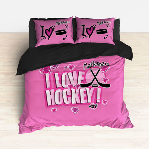 Personalized Hockey Bedding, HOT PINK, I Love Hockey, Hockey Themed Bedroom - 2cooldesigns