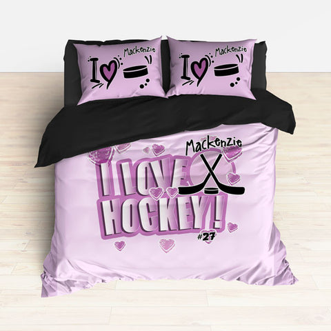 Personalized Hockey Bedding, HOT PINK, I Love Hockey, Hockey Themed Bedroom - 2cooldesigns