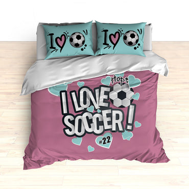 I Love Soccer Theme Bedding, Duvet or Comforter Sets, Mauve and Teal - 2cooldesigns