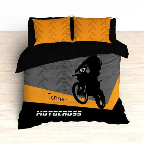Personalized Motocross Comforter or Duvet, Motocross Bedding, Dirt Bike, Freestyle Motocross, Orange - 2cooldesigns