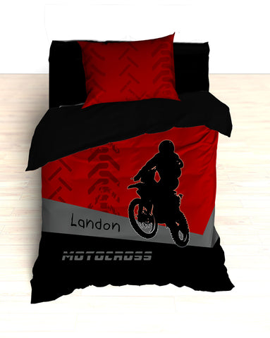Personalized Motocross Comforter or Duvet, Motocross Bedding, Dirt Bike, Freestyle Motocross, Red and Black - 2cooldesigns