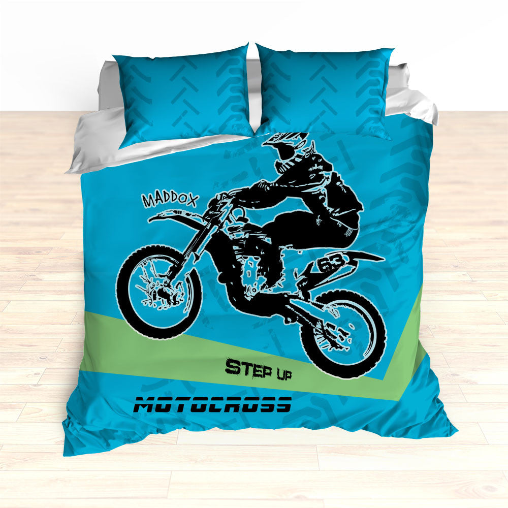 Motocross Bedding Personalized, Comforter or Duvet,  Dirt Bike, Freestyle Motocross, Blue and Green - 2cooldesigns