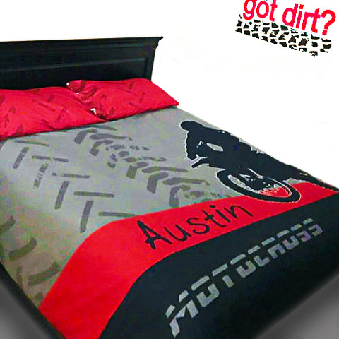 Personalized Motocross Comforter or Duvet, Motocross Bedding, Dirt Bike, Freestyle Motocross, Red and Black - 2cooldesigns