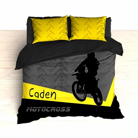 Personalized Motocross Comforter or Duvet, Motocross Bedding, Dirt Bike, Freestyle Motocross, Yellow - 2cooldesigns
