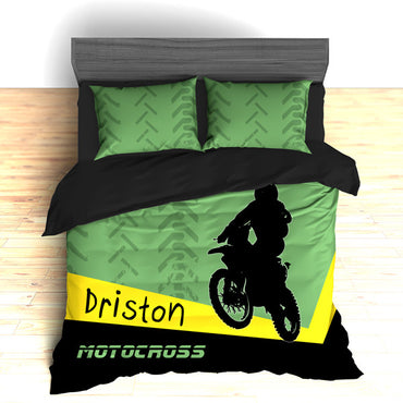 Personalized Motocross Comforter or Duvet, Motocross Bedding, Dirt Bike, Freestyle Motocross, Green - 2cooldesigns