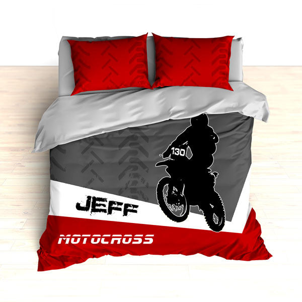 Personalized Motocross Comforter or Duvet, Motocross Bedding, Dirt Bike, Red, White and Grey - 2cooldesigns