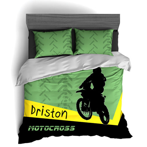 Personalized Motocross Comforter or Duvet, Motocross Bedding, Dirt Bike, Freestyle Motocross, Green - 2cooldesigns