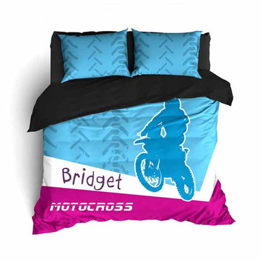 Personalized Motocross Comforter or Duvet, Motocross Bedding, Blue and Pink - 2cooldesigns