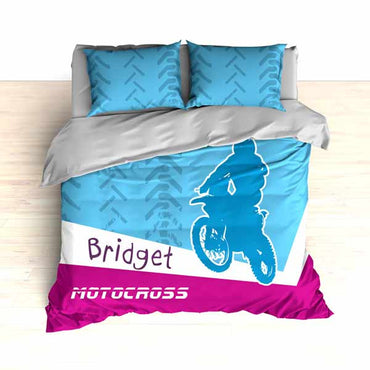 Personalized Motocross Comforter or Duvet, Motocross Bedding, Blue and Pink - 2cooldesigns