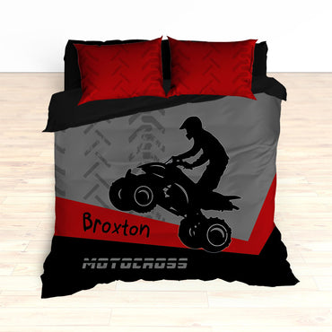 Quad Dirt Bike ATV Motocross Bedding, Red, Black, Personalized - 2cooldesigns