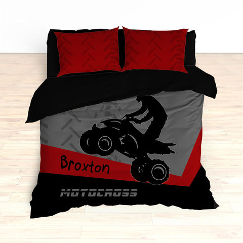 Quad Dirt Bike ATV Motocross Bedding, Red, Black, Personalized - 2cooldesigns