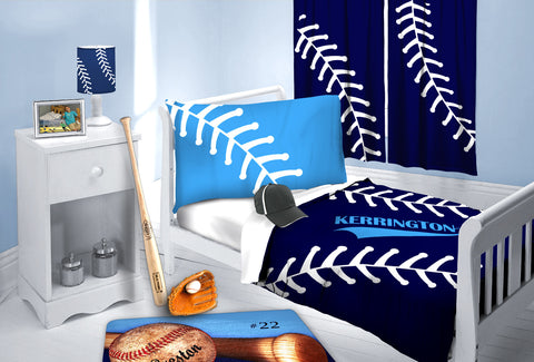 Baseball Stitches Bedding, Personalized Comforter or Duvet, Navy Blue, Light Blue - 2cooldesigns